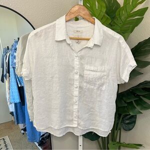 🤍✨ 100% Linen White Button Front Blouse Sz M | Lace Detail Pocket | Joie